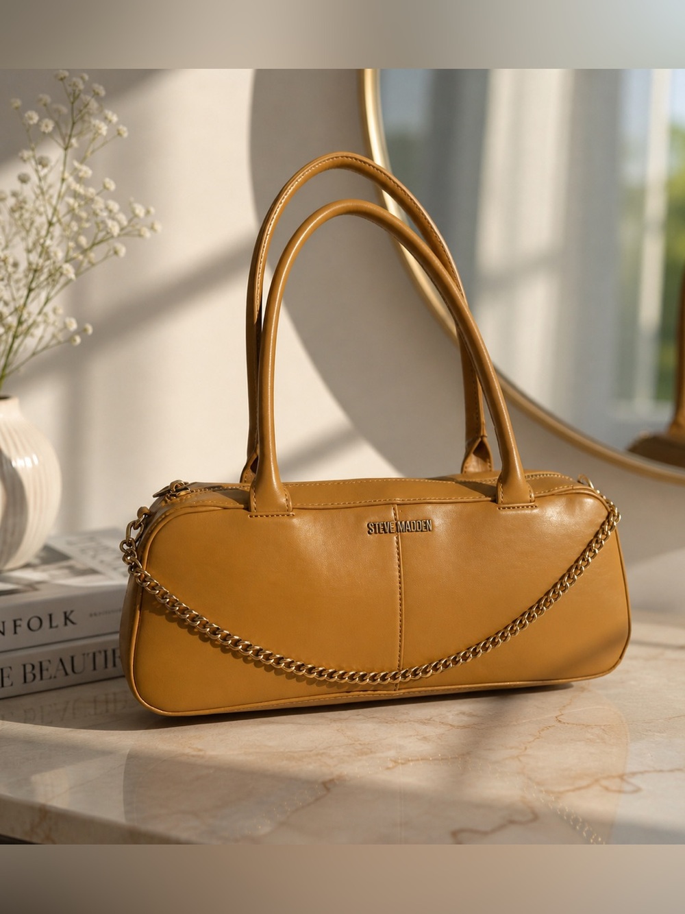 Steve Madden Mustard Tan Leather Shoulder Bag with Chain